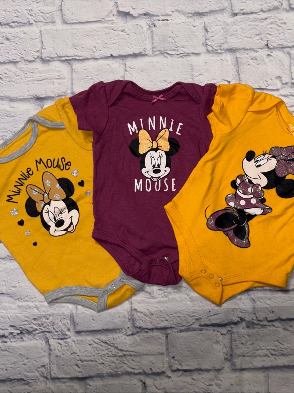 Disney Minnie Mouse Yellow & Purple Baby Bodysuit Trio